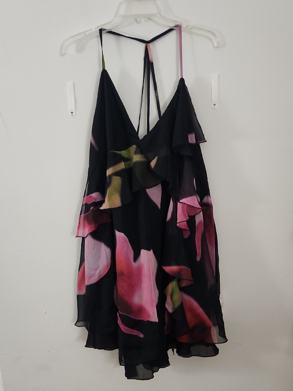 Black Floral Ruffle Slip Or Swing Dress with Pink & Green Petal Print